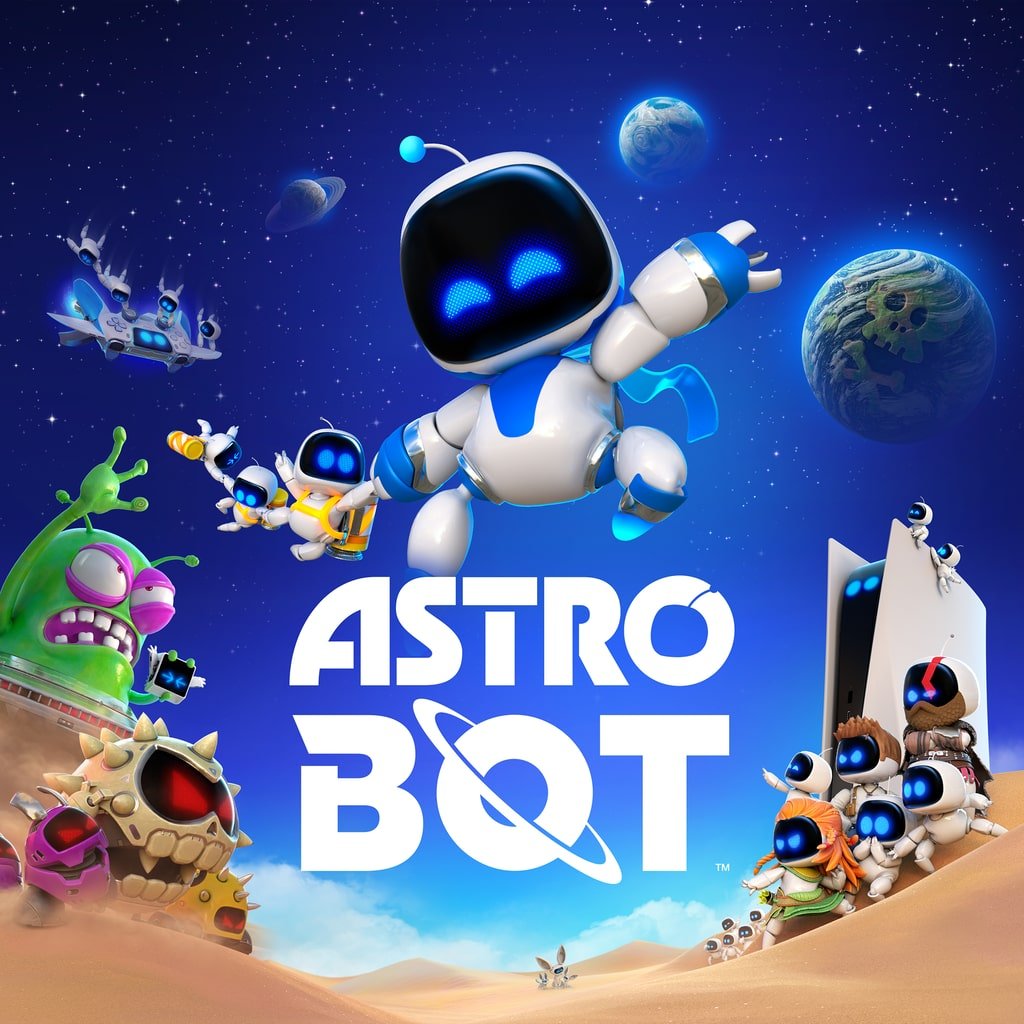 Portada de «Astro Bot»: el pequeño robot blanco y azul vuela por el espacio rodeado de otros robots, planetas y un alienígena verde, con el logotipo en el centro