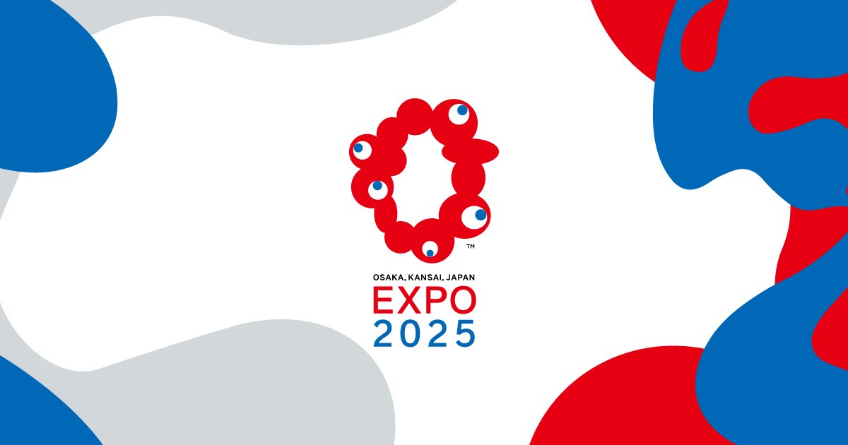 Logotipo oficial de la Expo 2025, un anillo de círculos rojos con ojos azules, sobre un fondo de formas rojas, azules y grises