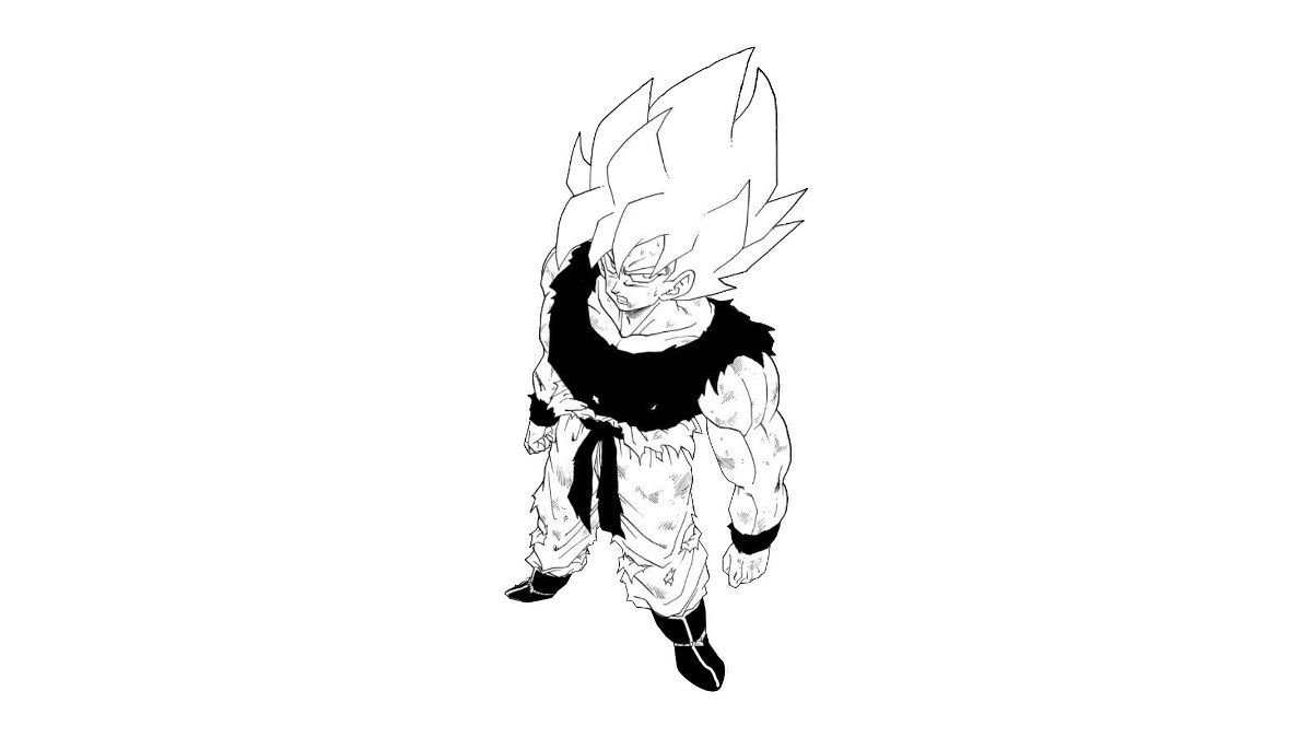 Dibujo en blanco y negro de Goku en Super Saiyan, de pie y con la ropa rasgada, sobre fondo blanco
