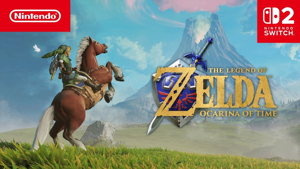 Link a lomos de un caballo encabritado en una pradera verde, junto al logotipo de «The Legend of Zelda: Ocarina of Time» y una montaña humeante al fondo